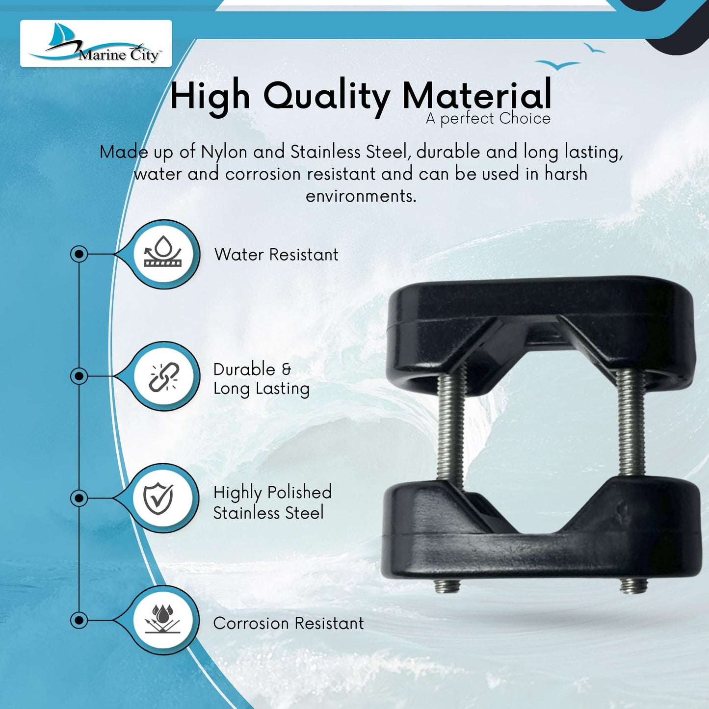 Marine City Nylon Rail Mount Brackets, Fits 7/8”-1” Round & Square Tubes (2 Pcs)