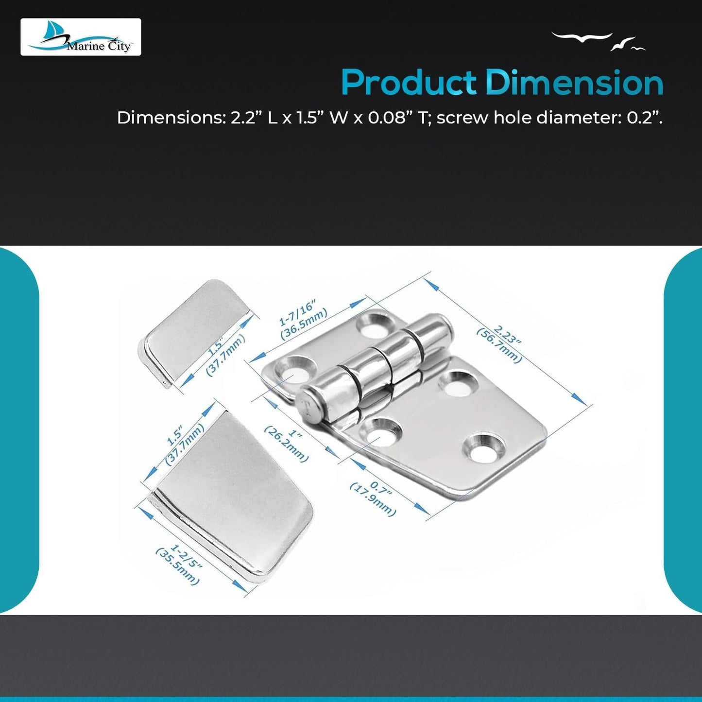 Marine City Stainless Steel 5-Point Fixing Short Sided Strap Hinges with Cover Cap Marine CIty