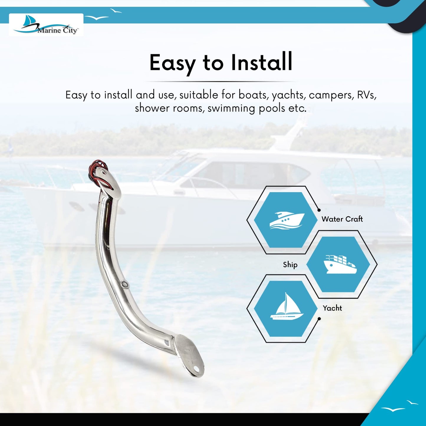 Marine City LED Grab Rail Handle, 9 Inch, Stainless Steel with Blue LED Light