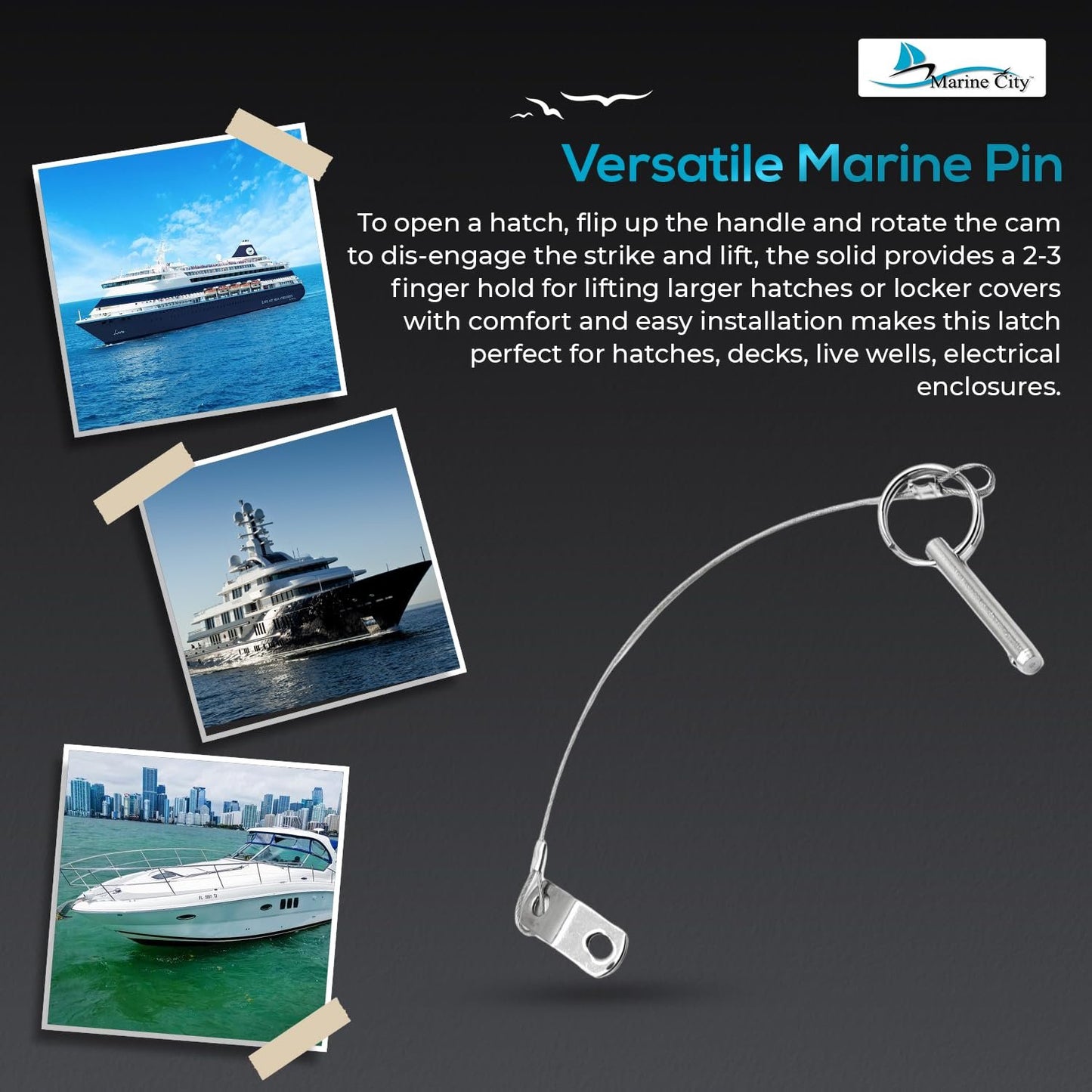 Marine City 304 Stainless Steel Bimini Top Quick Release Pin with Cable (2 Pcs)