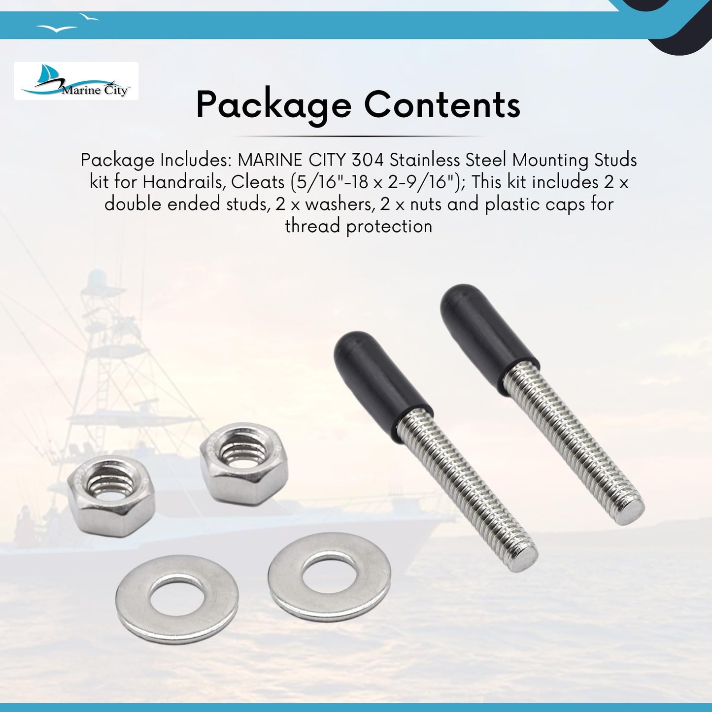 Marine City Mounting Studs Kit for Handrails & Cleats – 304 Stainless Steel