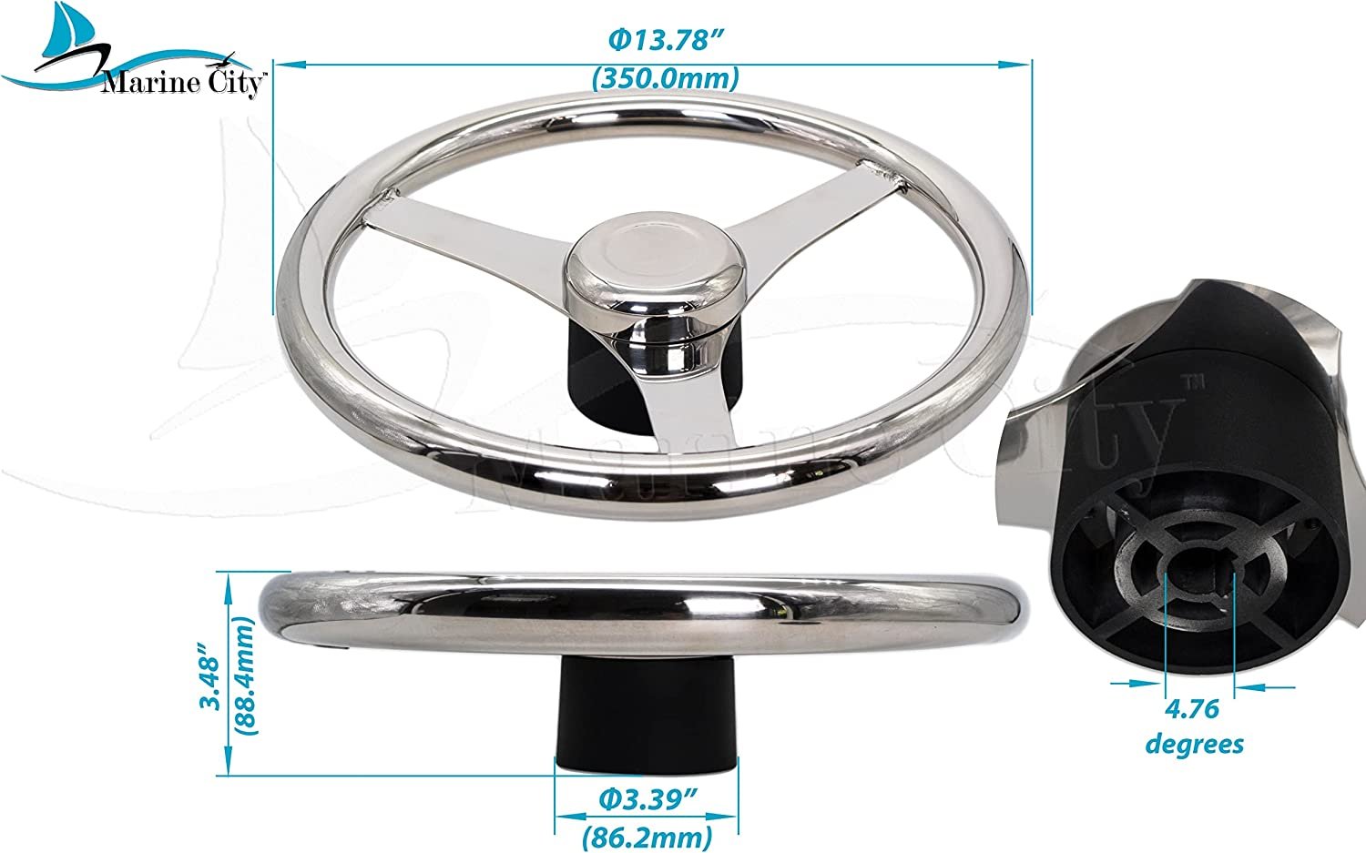 MARINE CITY 13-1/2" Marine Grade Stainless Steel Sports Steering Wheel MARINE CITY