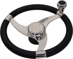 MARINE CITY Marine Boat Polished 316 Stainless Steel Sports style Tri-Spoke Design Steering Wheel with Stainless steel Center Cap / Knob / PU Foam 13-1/2