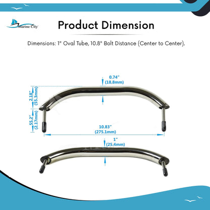 Marine City 11” Stainless Steel Oval Tube Boat Handrail with Flange & Studs