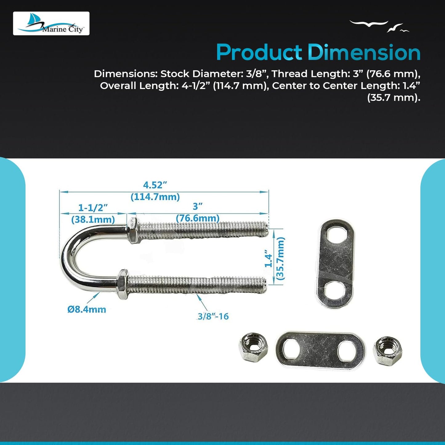 Marine City Stern Stock Bow Eye U-Bolt – 3/8” Stainless Steel, 4-1/2” Length