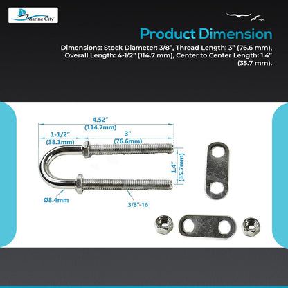 Marine City Stern Stock Bow Eye U-Bolt – 3/8” Stainless Steel, 4-1/2” Length