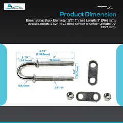 Marine City Stern Stock Bow Eye U-Bolt – 3/8” Stainless Steel, 4-1/2” Length