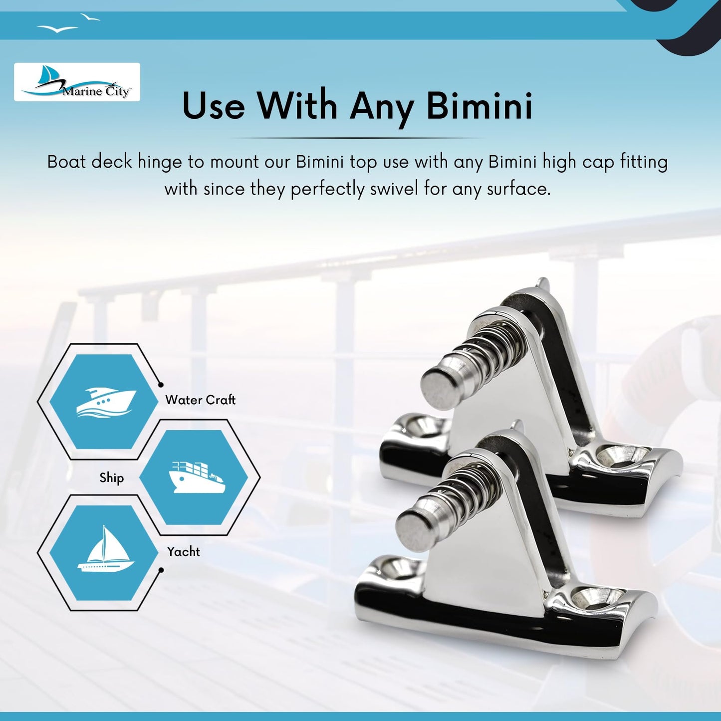 MARINE CITY 316 Stainless Steel Bimini Top Deck Hinge 90° Concave Base (2 Pcs)