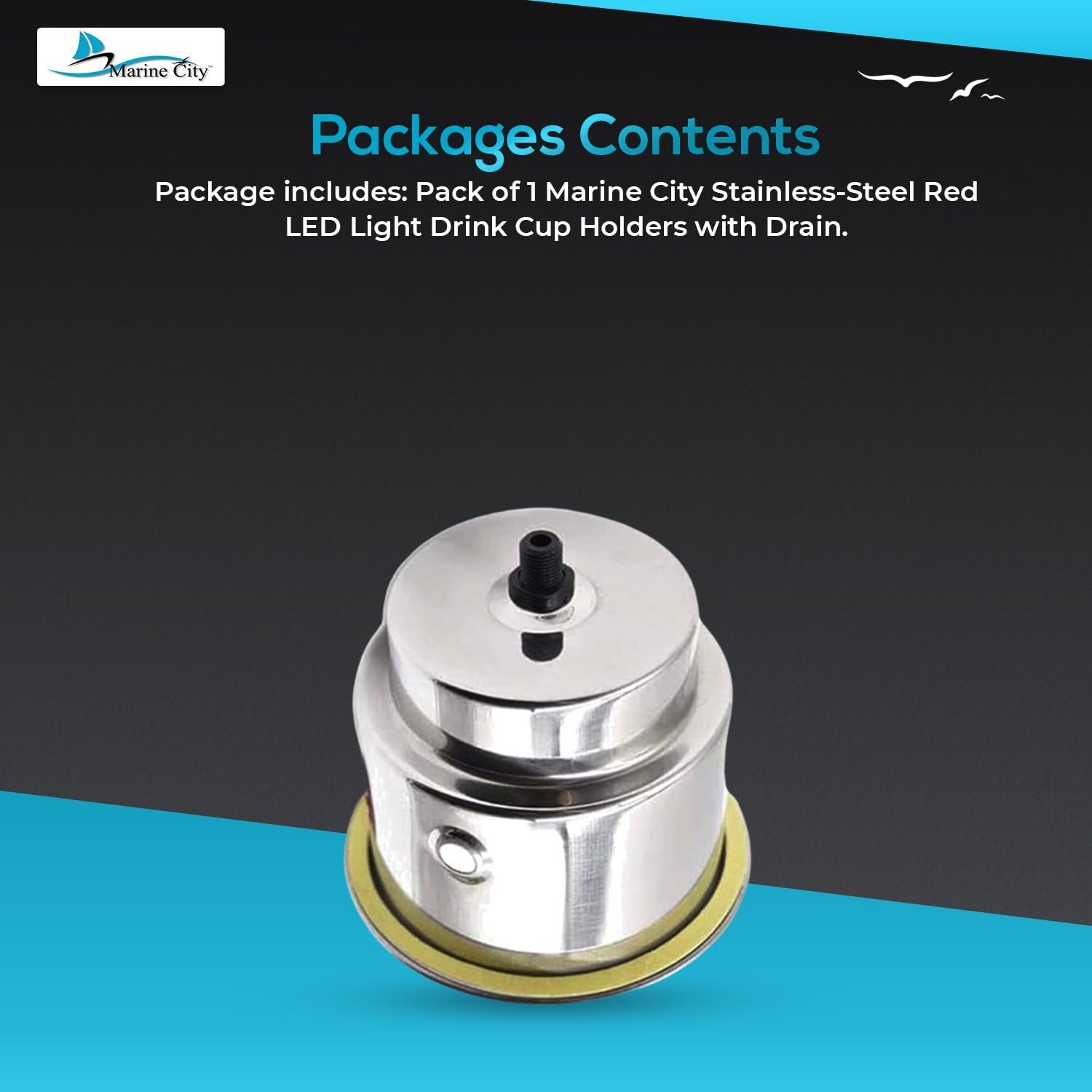 Marine City Stainless Steel 12V Red LED Ring Cup Holder with Center Drain Marine City Hardware