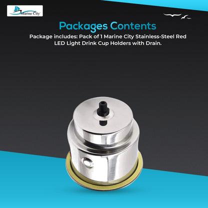 Marine City Stainless Steel 12V Red LED Ring Cup Holder with Center Drain Marine City Hardware