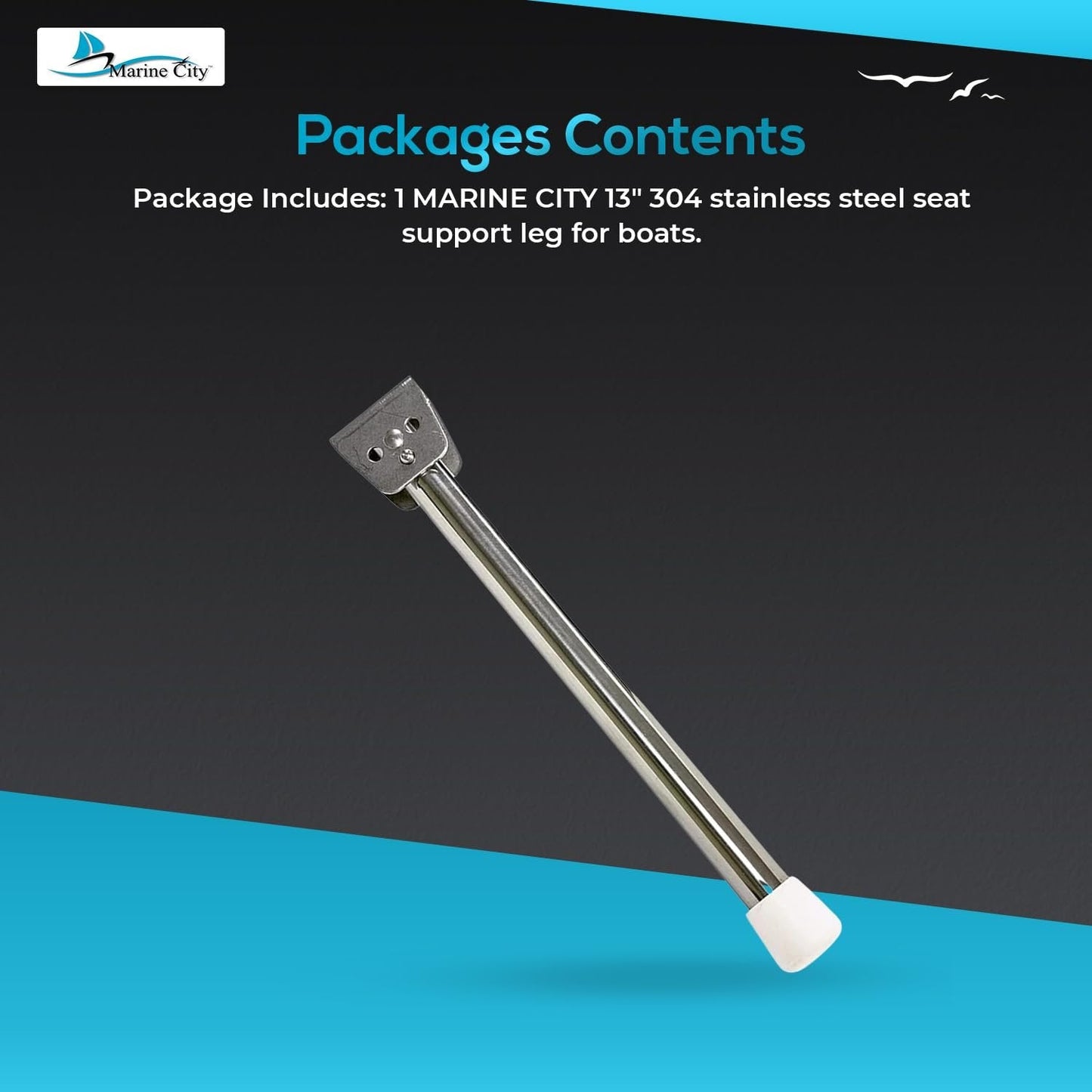 Marine City 13 Inch Seat Support Leg – 304 Stainless Steel, Rubber Tip MARINE CITY