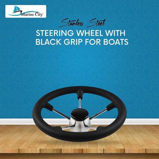 Marine City 13-1/2” Stainless Steel Steering Wheel – Polished, Black Foam Grip