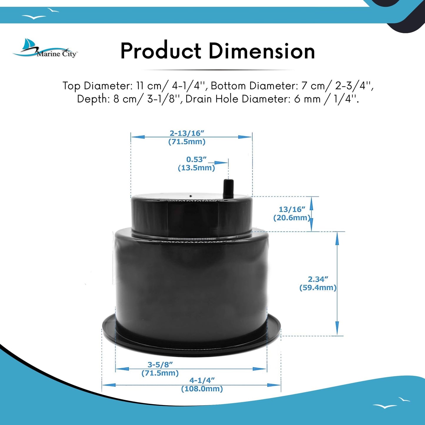 MARINE CITY Portavasos/bebidas de plástico negro con orificio de drenaje desplazado (1 PC)