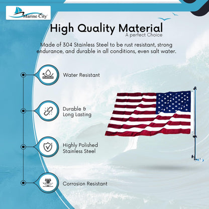 Marine City 32-Inch Flag Pole with 20x30” US Flag 304 Stainless Steel Rail Base