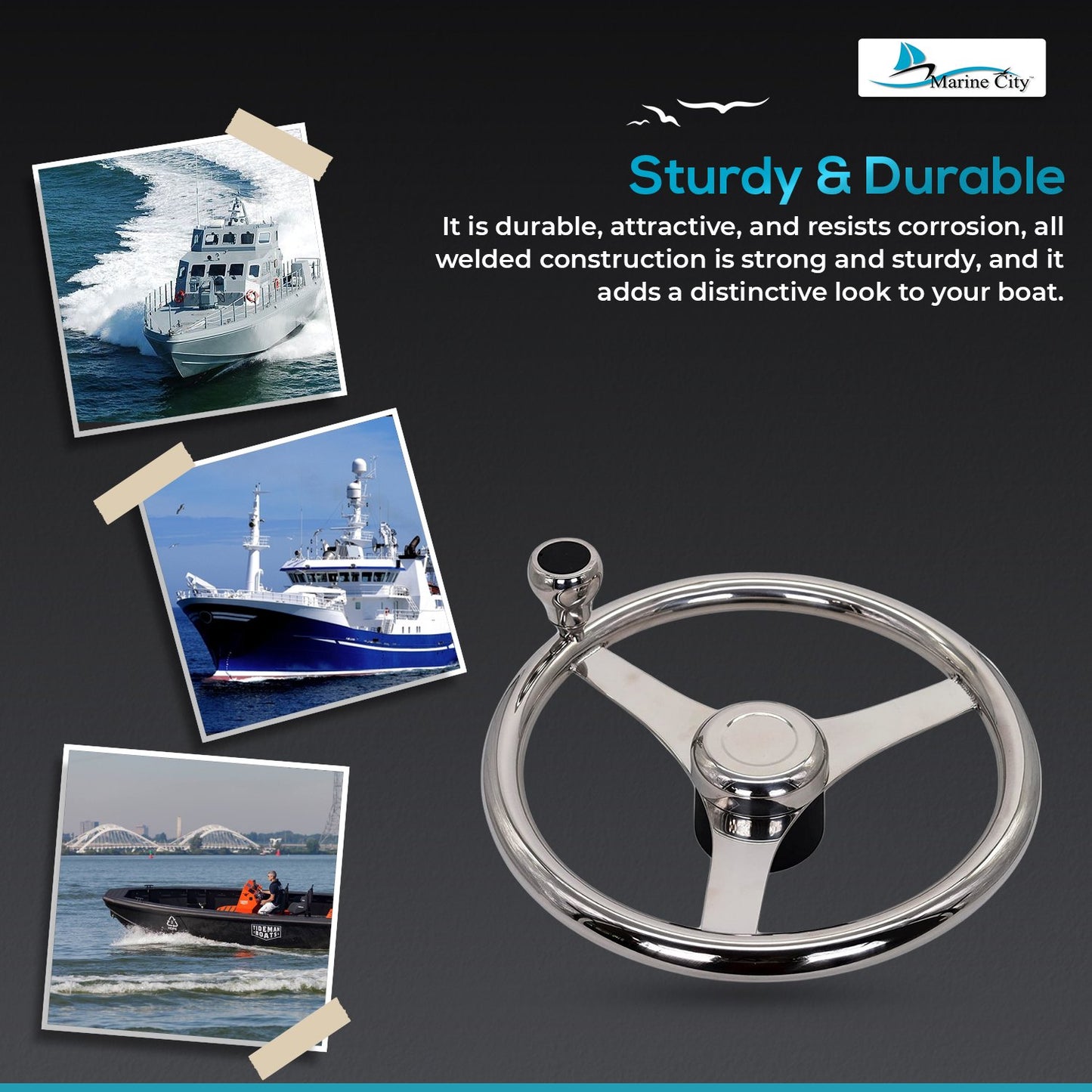Marine City 13.5” 316 Stainless Steel 3-Spoke Sports Steering Wheel with Knob