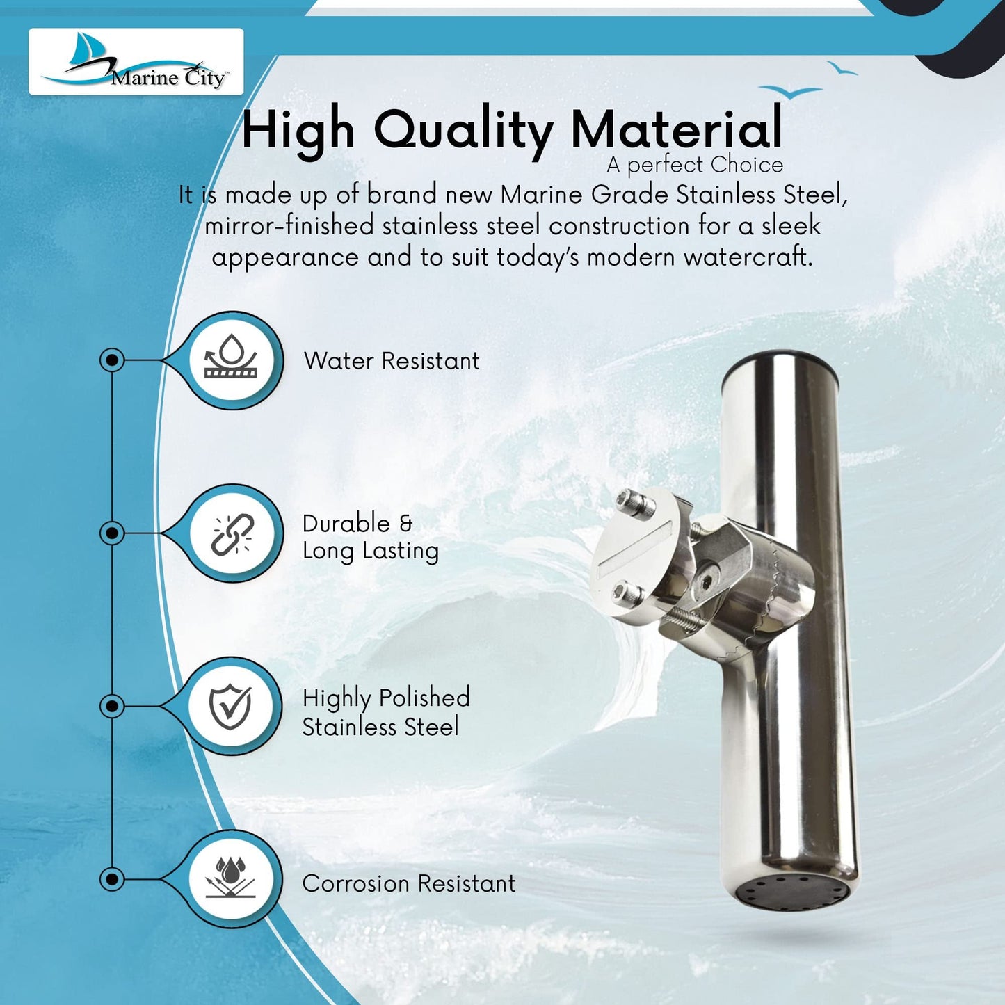 MARINE CITY 316 Stainless Steel Adjustable Clamp On Fishing Rod Holder 1”–1-1/4”