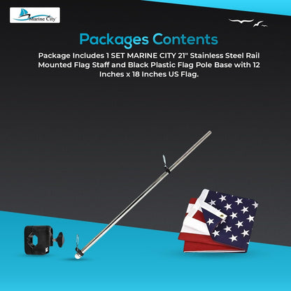 Marine City 21" Rail Mounted Flag Staff – 304 Stainless Steel, with US Flag Marine City