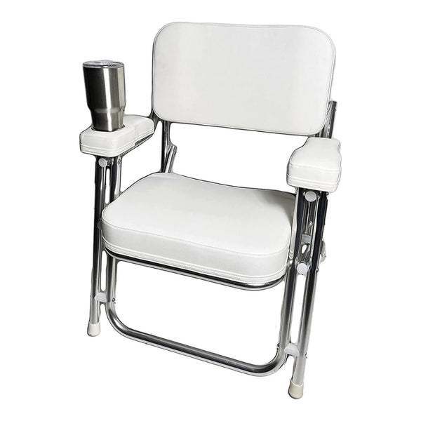 Marine City Aluminum Folding Deck Chair Cushioned Foam Seat with Drink Cup Holder