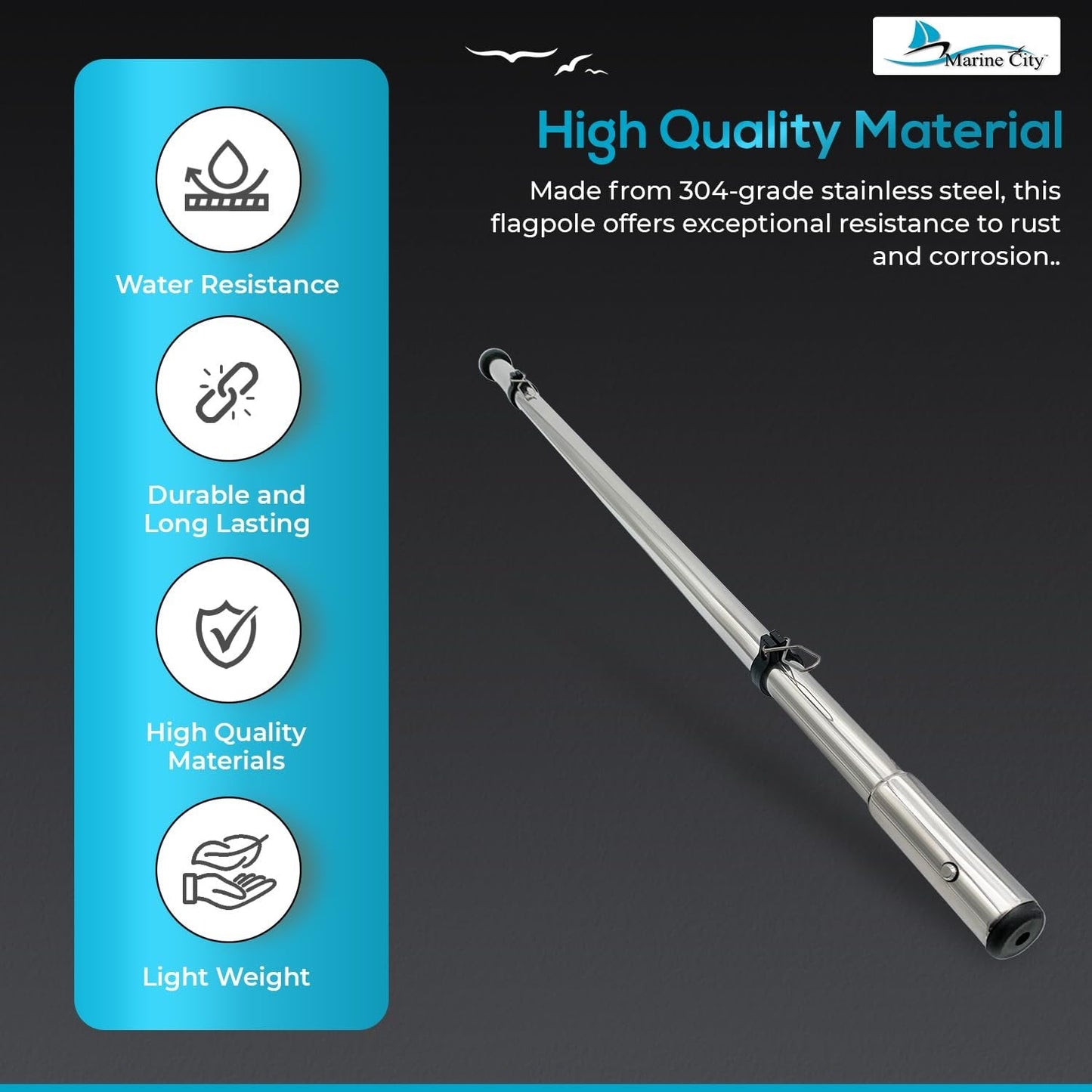 Marine City 30” 304 Stainless Steel Flagpole – 7/8” Diameter with 1” Socket End MARINE CITY