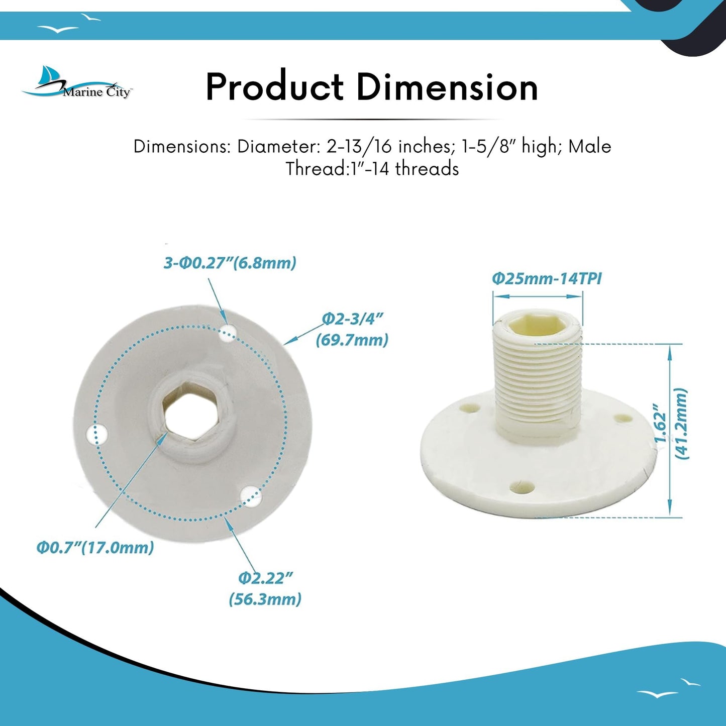 Marine City Thread Fixed Antenna Base Nylon Injection Molded (Pack of 2)