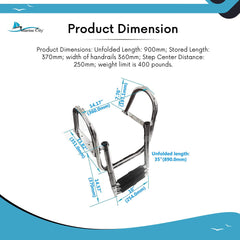 MARINE CITY Escalera telescópica plegable de acero inoxidable, resistente, duradera y resistente, para nadar sobre plataforma, escalera para barco de 3 escalones con cómodos pasamanos