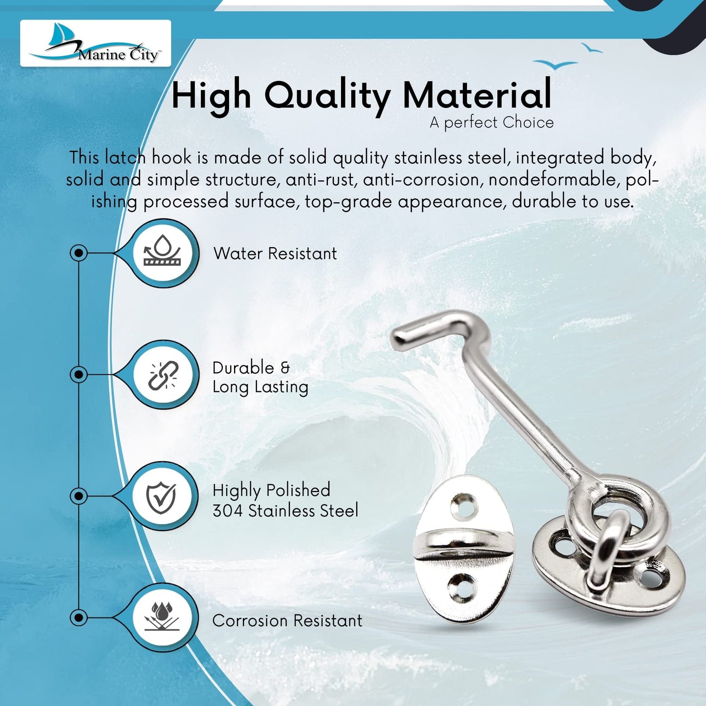 Marine City Buckle Cabin Hook and Eye Latch – 316 Stainless Steel 2” for Door Marine City