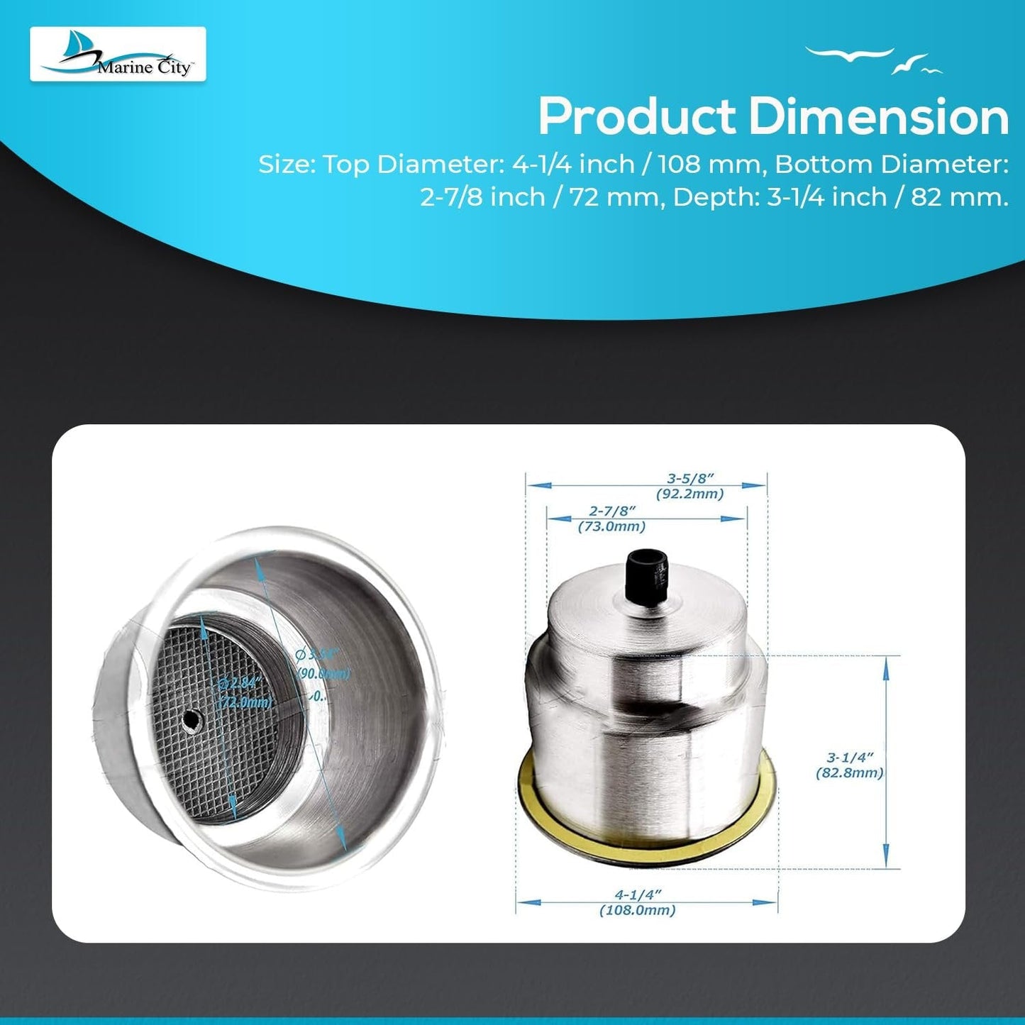 Marine City 304 Stainless Steel Cup Drink Holder with Center Drain – Durable Marine City Hardware