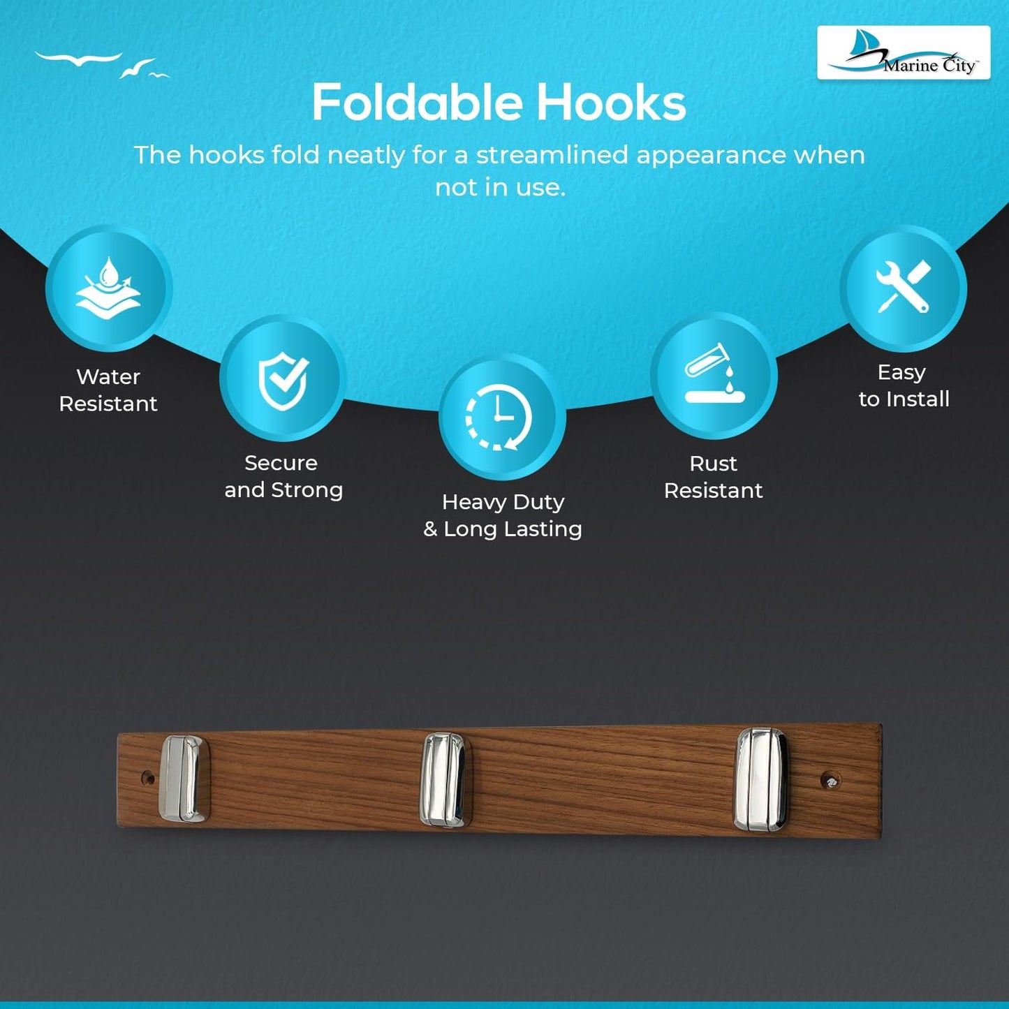 Marine City 3-Hook Rack with Teak Wood Base – 316 Stainless Steel Folding Hooks