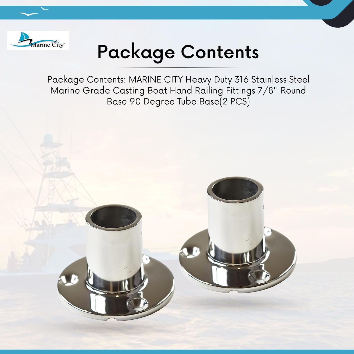 Marine City Stainless Steel Boat Hand Railing Fittings – 7/8” Round Base (2 Pcs)