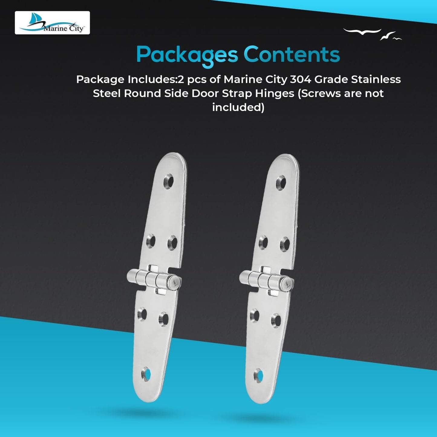 Marine City 304 Stainless Steel Round Door Strap Hinges (5-5/8” × 1.5”) (2 Pcs) Marine City
