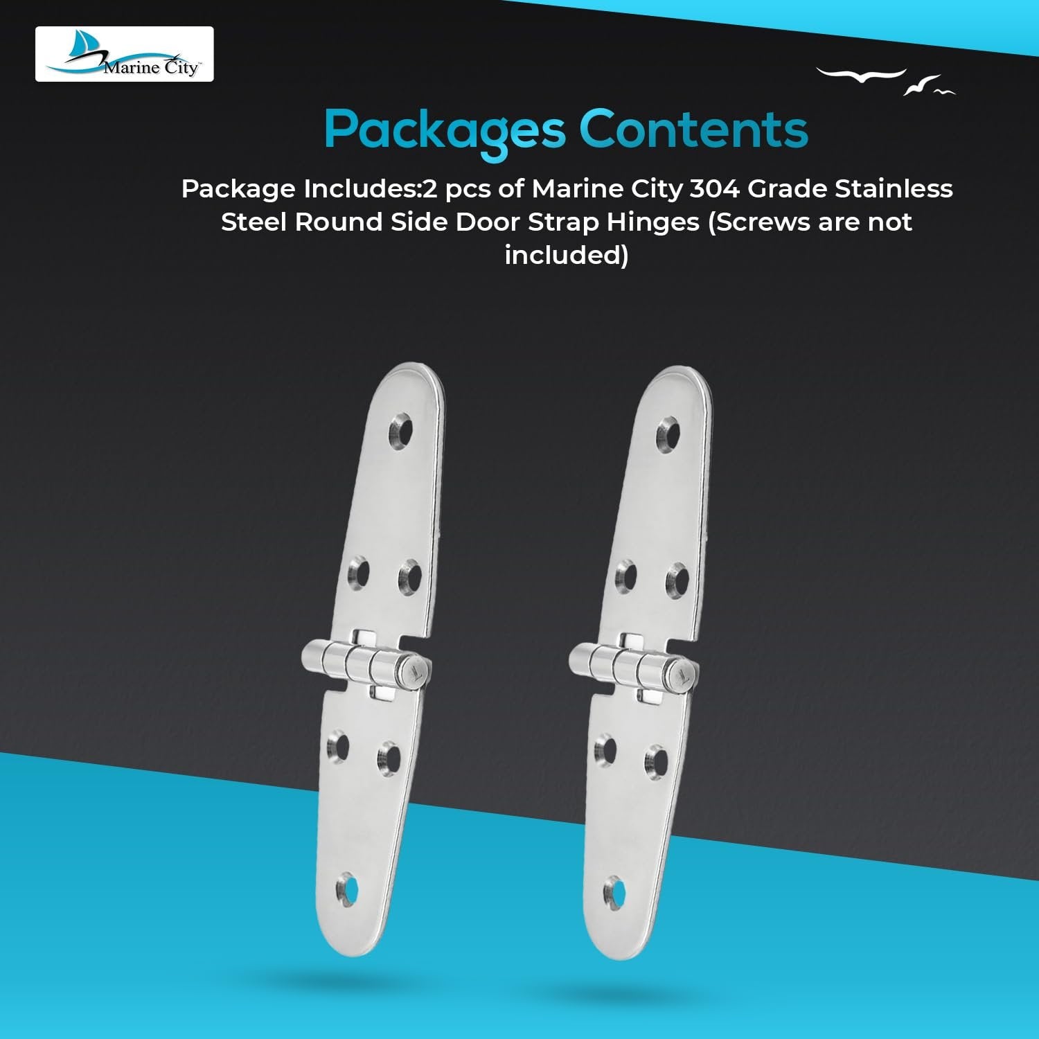 Marine City 304 Stainless Steel Round Door Strap Hinges (5-5/8” × 1.5”) (2 Pcs) Marine City