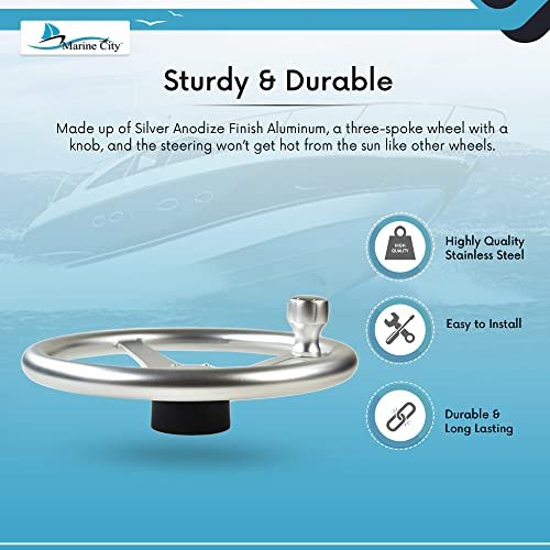 Marine City 13.5” Aluminum Sports Steering Wheel with Knob – Silver Anodized