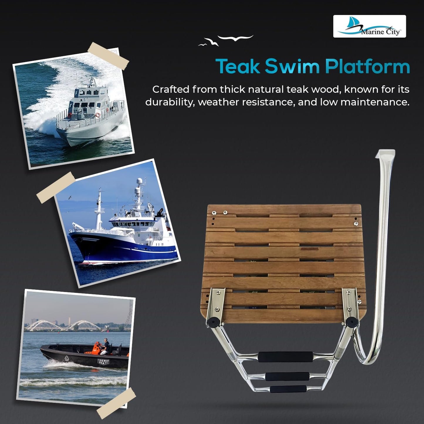 Marine City Escalera telescópica de plataforma de teca para natación de 3 escalones O/B de acero inoxidable para barcos, barcos