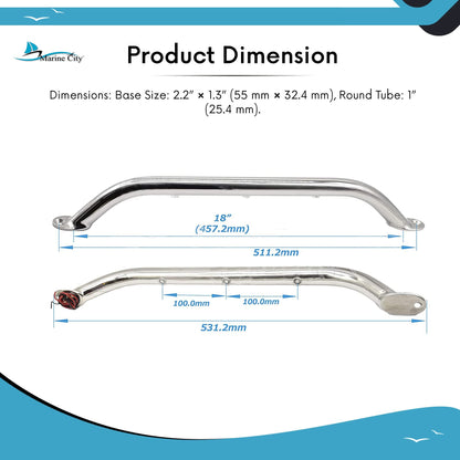Marine City 18-Inch Grab Rail Handle with 3 Blue LED Lights–304 Stainless Steel