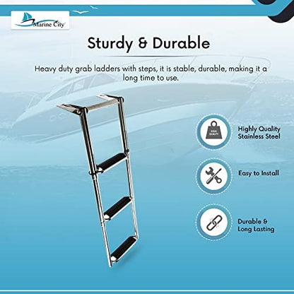 Marine City Escalera telescópica de 3 escalones de acero inoxidable 304 con escalones curvos extra anchos y pasarela equipada para barcos y yates