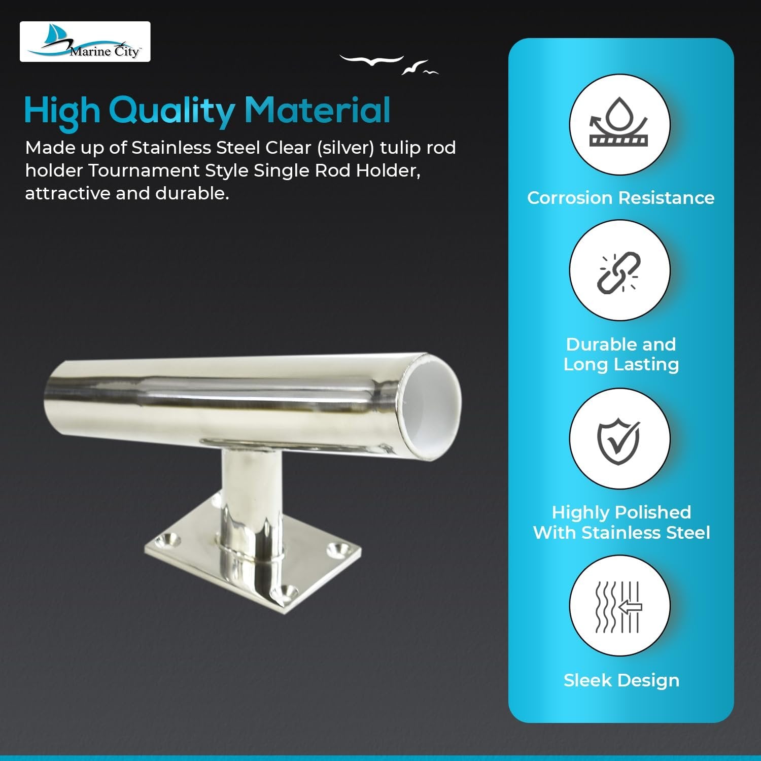 Marine City Tournament Style Single Rod Holder – Stainless Steel, 20° Angle Marine City