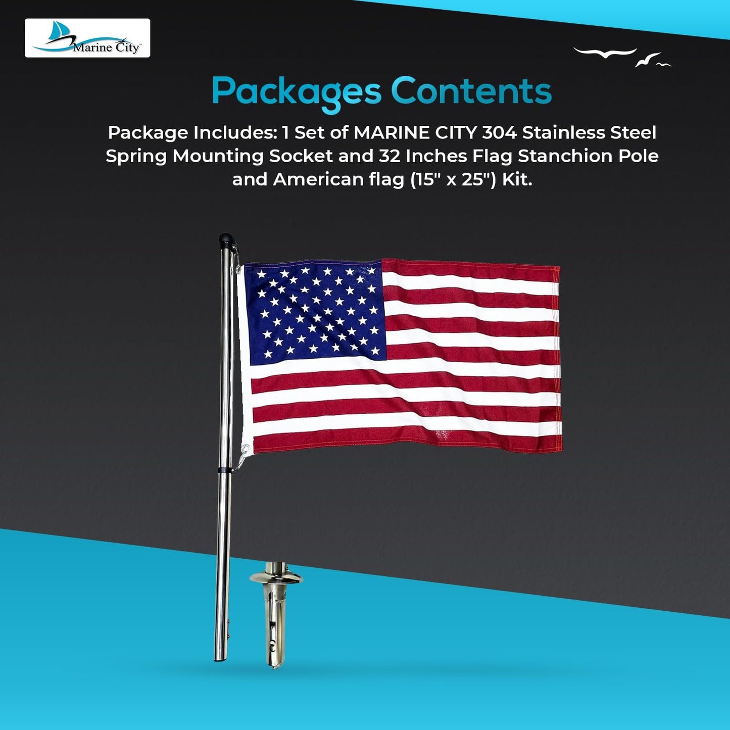 MARINE CITY 304 Grade Stainless Steel Spring Mounting Socket and 32 Inches Flag Stanchion Pole with US Flag Bright Polished Rail Mounted for Marines – Boats – Yachts – Ships – RVs (Pack of 1)