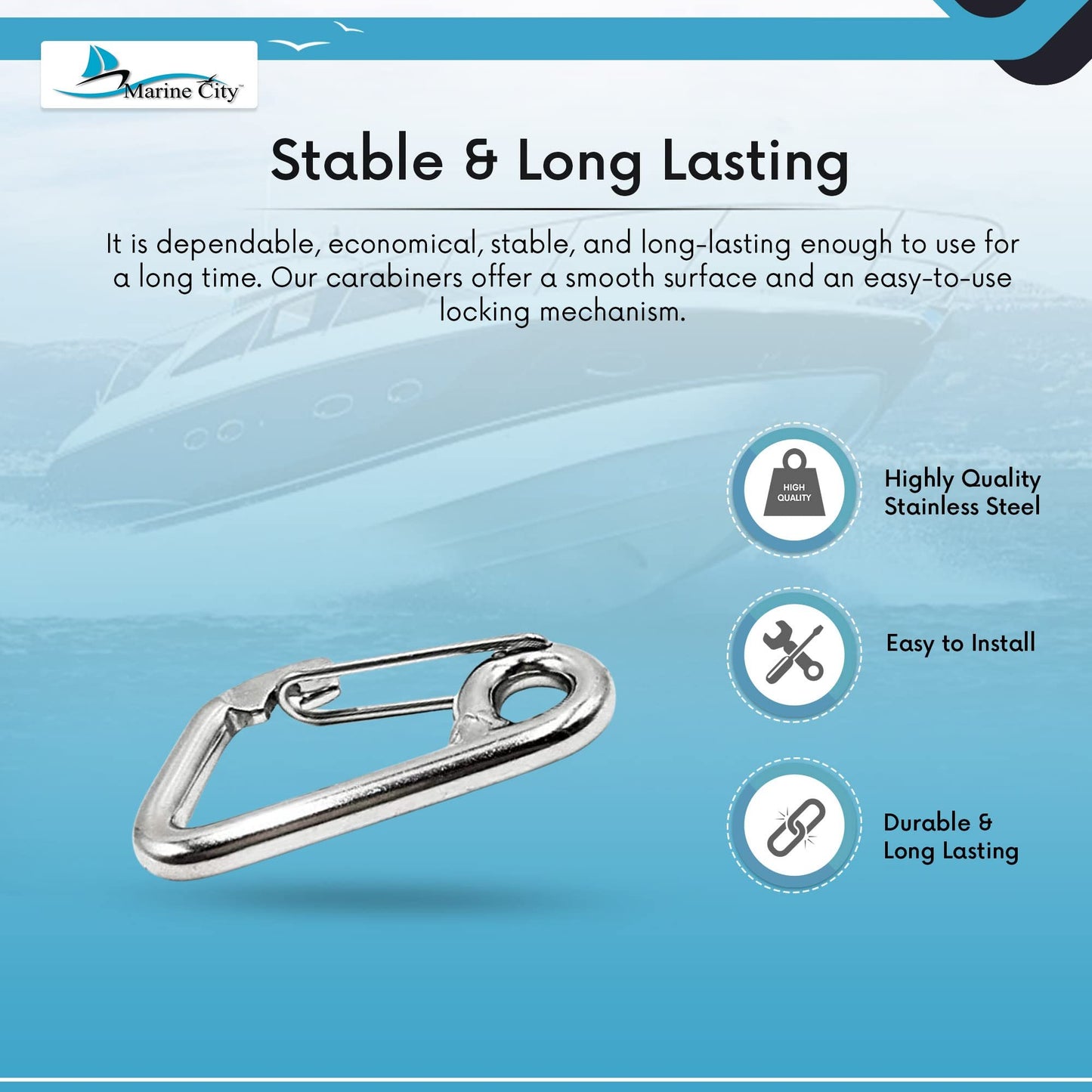Marine City 316 Stainless Steel Carabiner Spring Snap Hook – 3 Inches for Keys