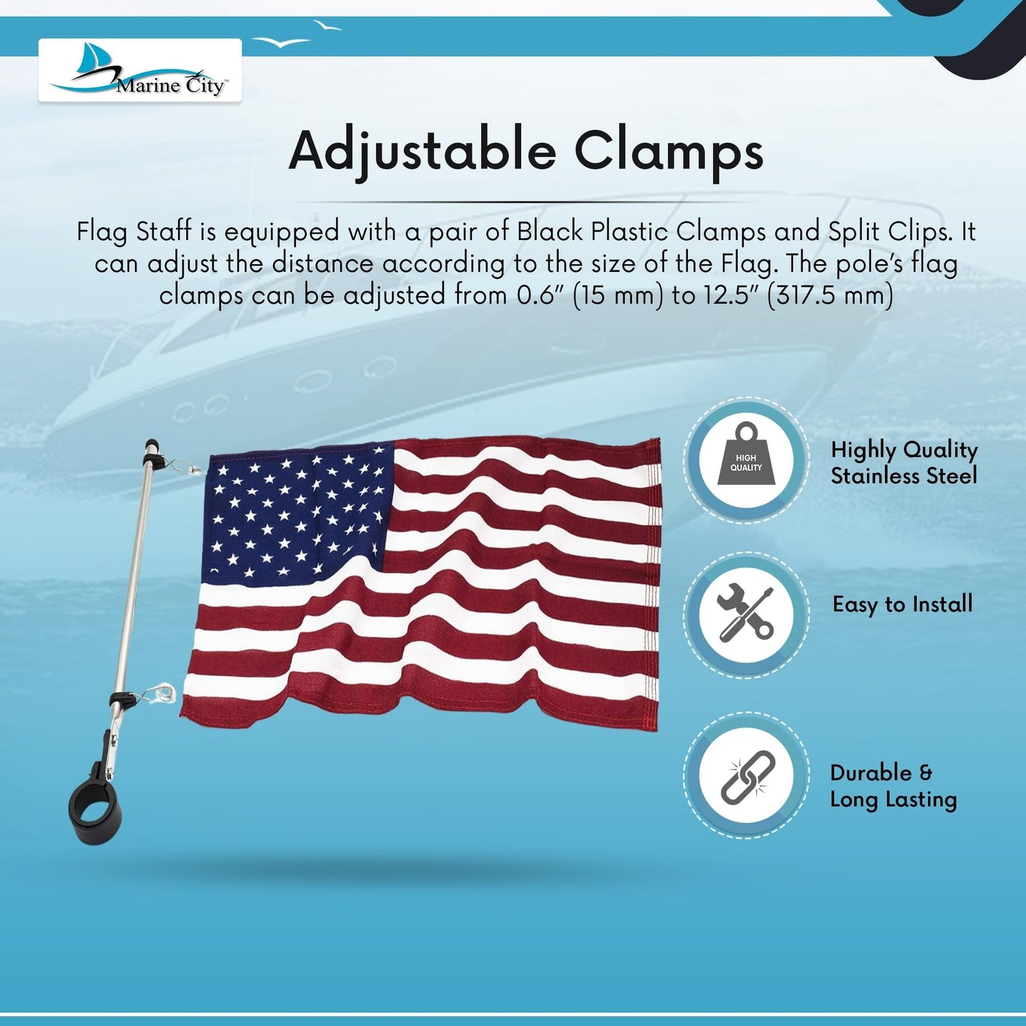 Marine City Stainless Steel Rail Mount Flag Staff Pole – Adjustable Rail Clamp MARINE CITY