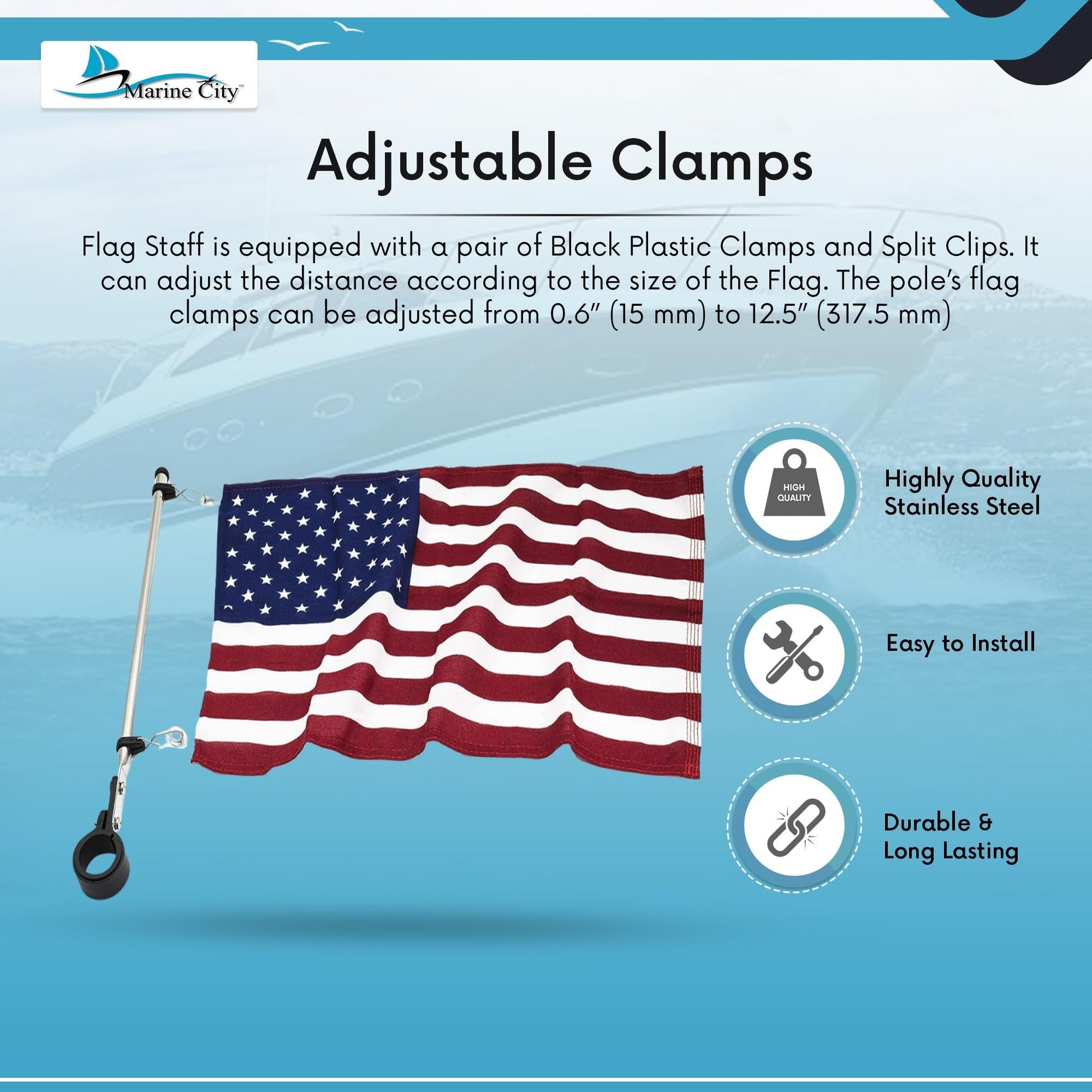 Marine City Stainless Steel Rail Mount Flag Staff Pole – Adjustable Rail Clamp MARINE CITY