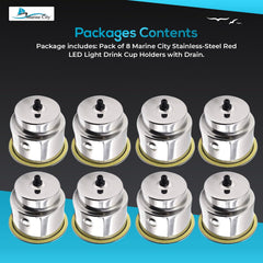 Marine City Stainless Steel 12V Red LED Ring Cup Holder with Center Drain