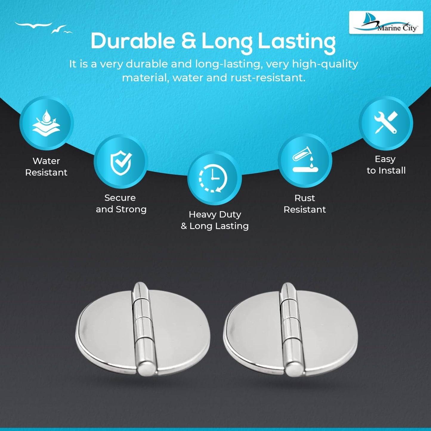 Marine City Stainless Steel Flush 65mm Strap Round Side Hinges w/ Cover (2 Pcs)