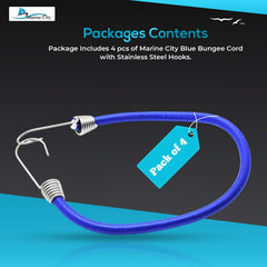 Marine City Blue Bungee Cord with Stainless Steel Hooks – 40 Inches (Pack of 4)