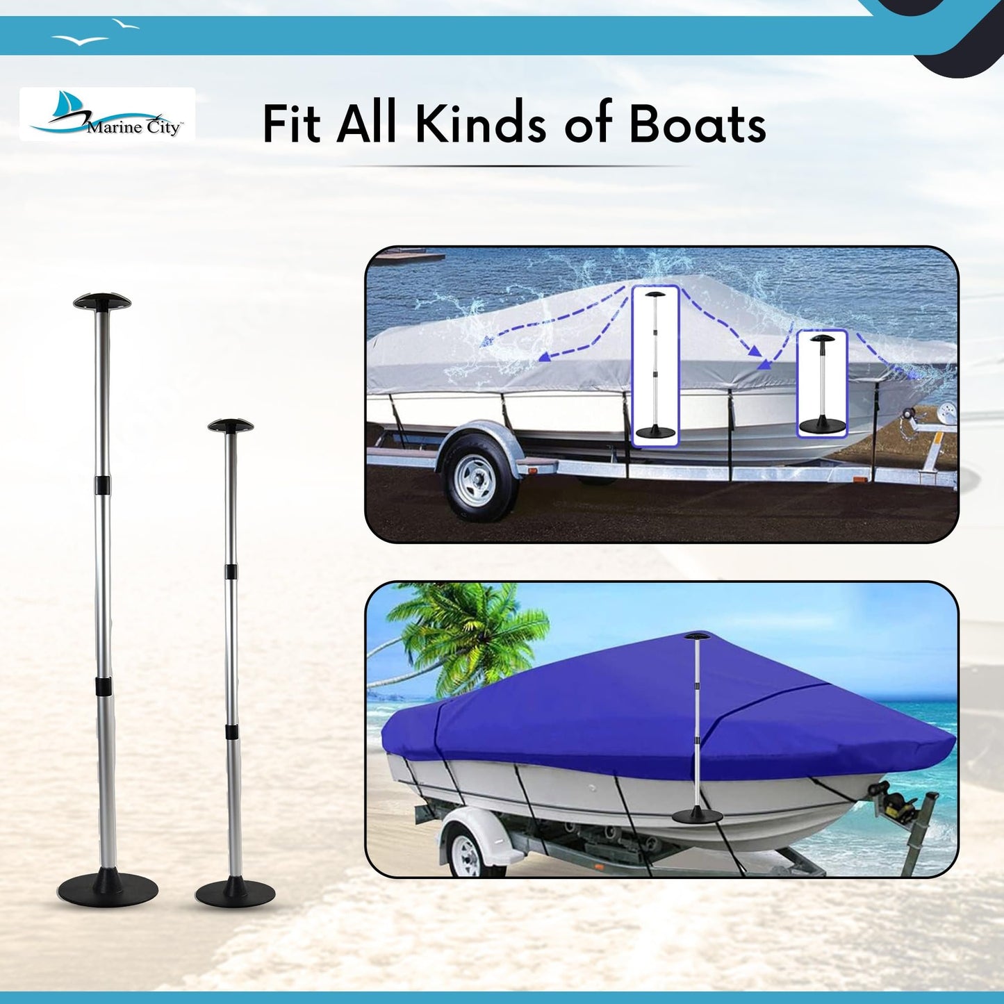 Marine City Aluminum Telescoping Boat Cover Support Poles, Lightweight (2 Pcs)