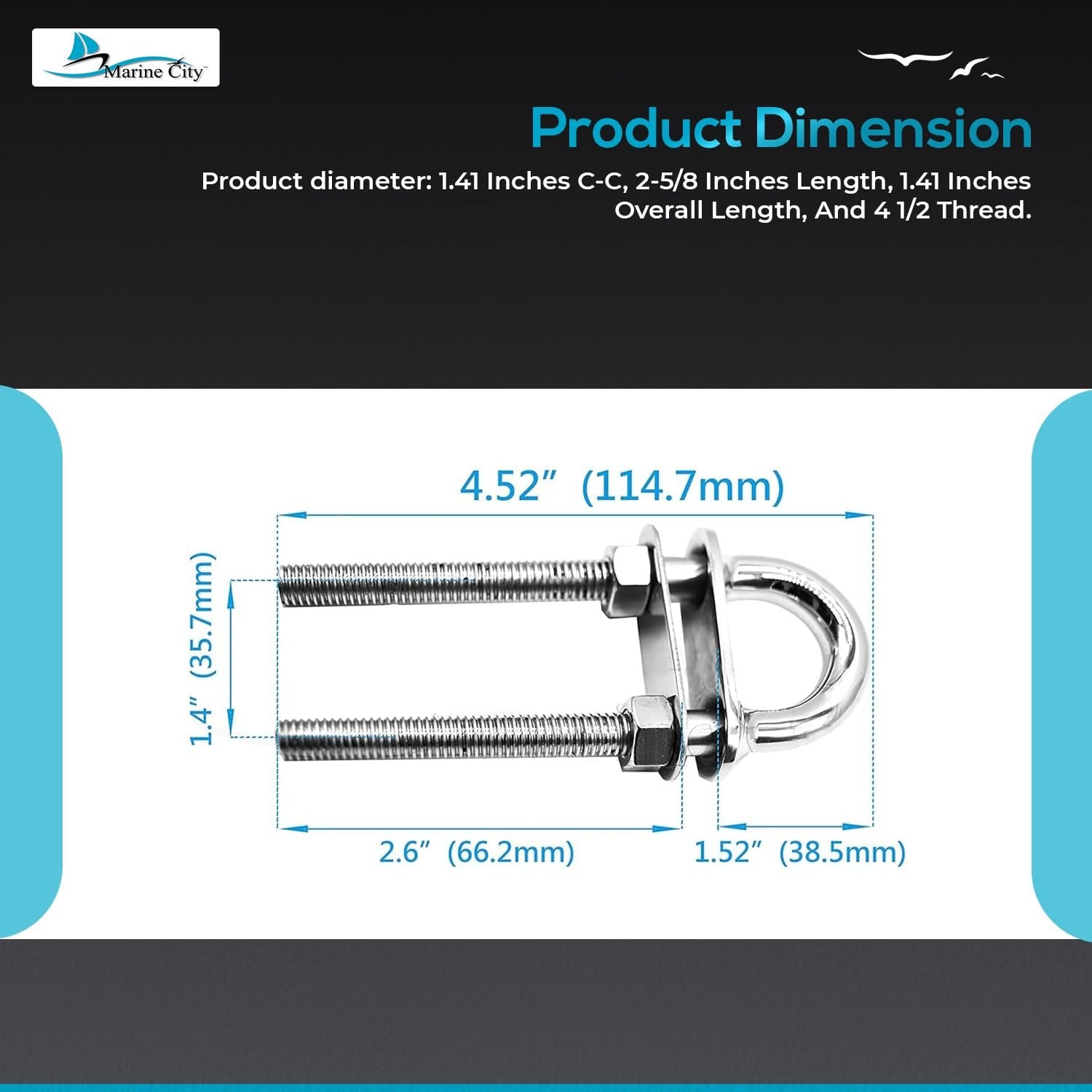 Marine City Stern Bow Eye Tie Down U-Bolt–304 Stainless Steel Welding Plate 4.5" Marine City Hardware