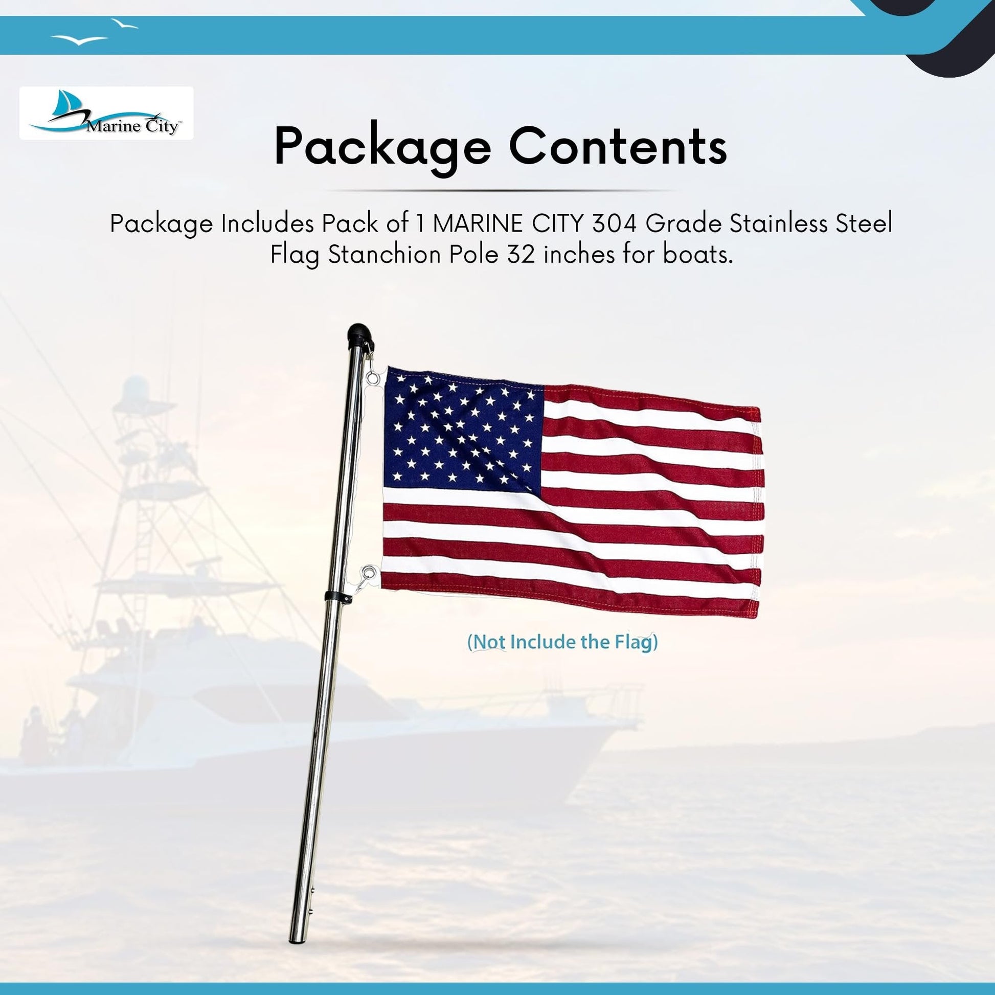 Marine City 32” Flag Stanchion Pole, Stainless Steel with 316 Base, Adjustable MARINE CITY