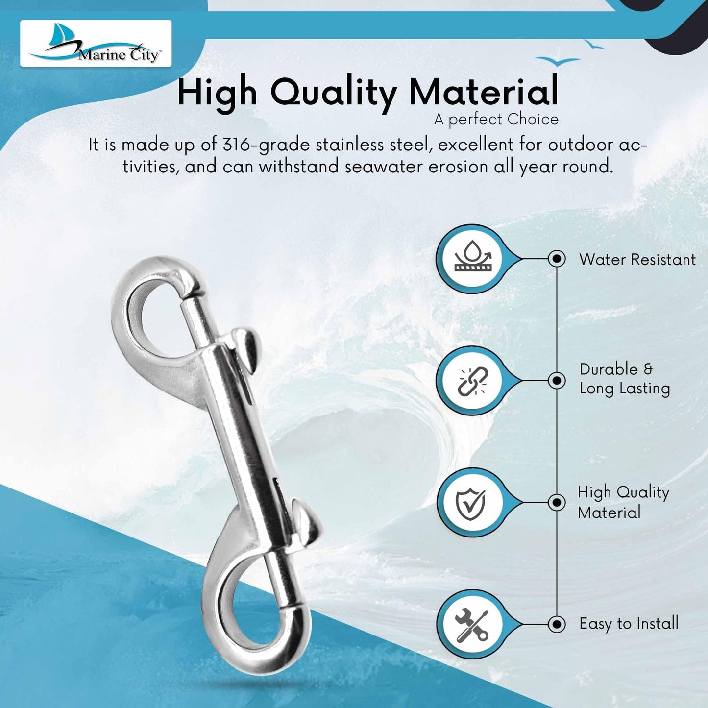 MARINE CITY Gancho de buceo con clip de doble extremo de acero inoxidable 316 de grado marino resistente de 3-1/2"