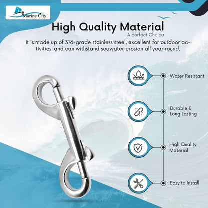 MARINE CITY Gancho de buceo con clip de doble extremo de acero inoxidable 316 de grado marino resistente de 3-1/2"