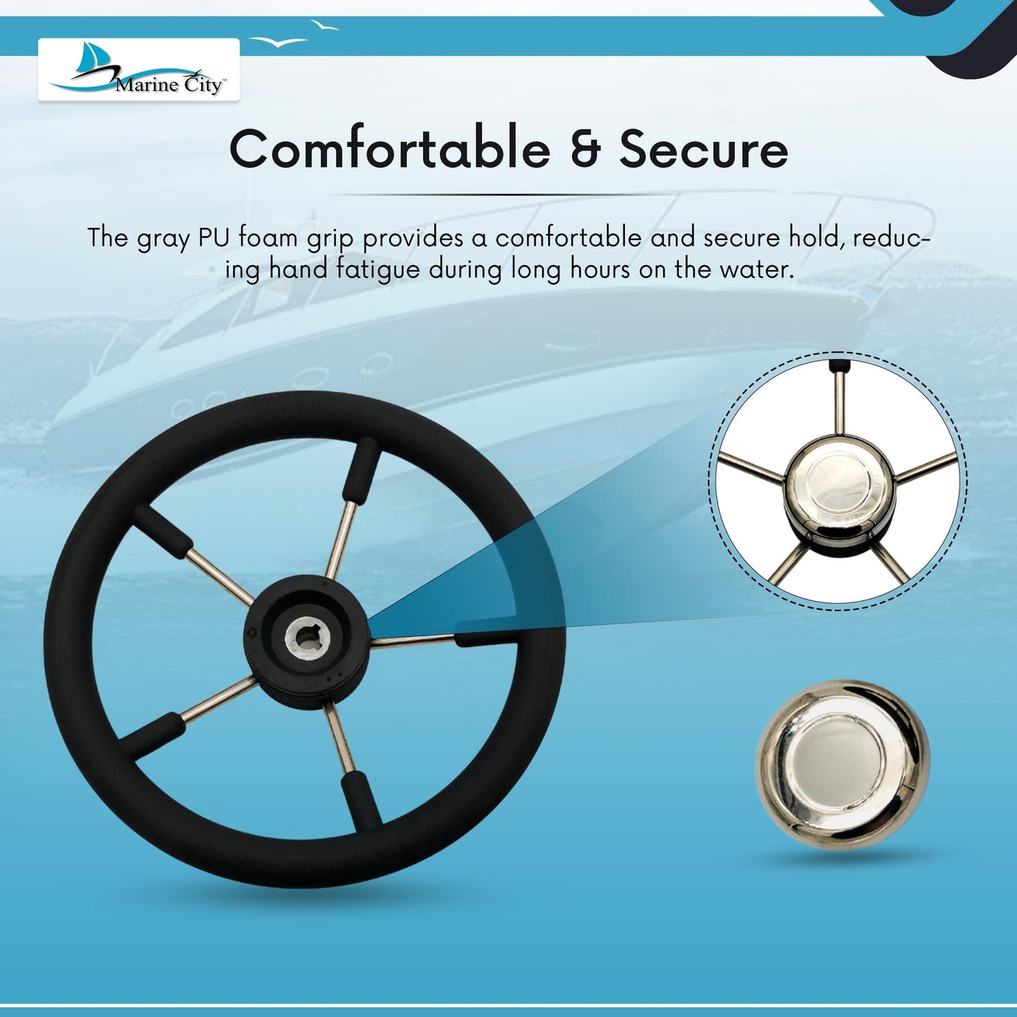 Marine City 5 Spoke Boat Steering Wheel – 316 Stainless Steel, Gray PU Foam Grip