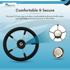 Marine City 5 Spoke Boat Steering Wheel – 316 Stainless Steel, Gray PU Foam Grip